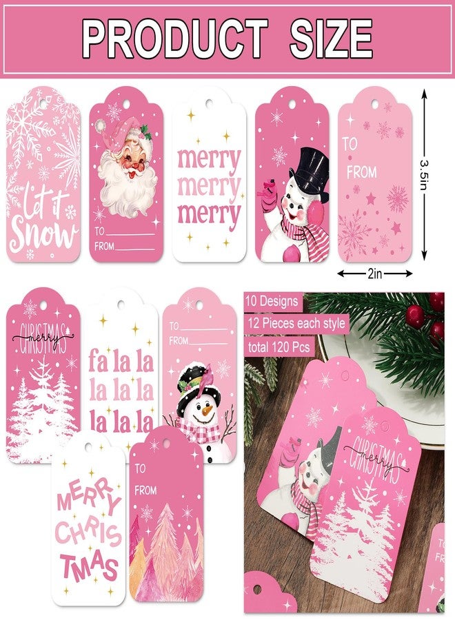 Whaline 120Pcs Christmas Paper Gift Tags Pink Santa Snowman Xmas Hanging Labels with Cotton Rope for Winter Holiday Name Present DIY Crafts, 10 Designs - Image 2